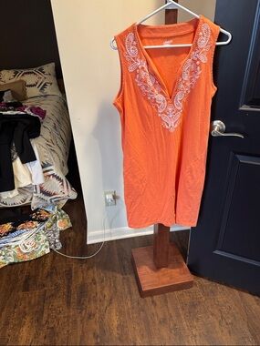 Lands' End Orange Sleeveless Embroidered V-Neck Dress